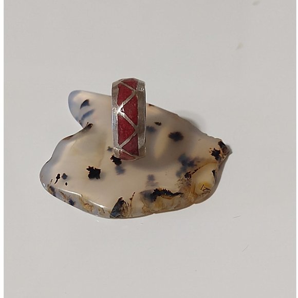 Sterling Silver Red Coral Chip Inlay Native American Western Ring Size: 3 Or 5 - Picture 3 of 11